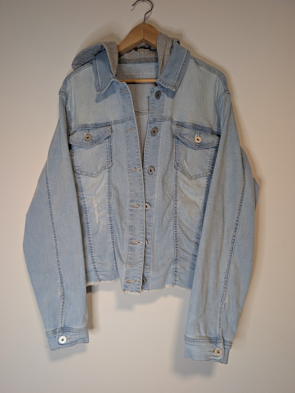 Light Wash Denim Jacket with Grey Hood